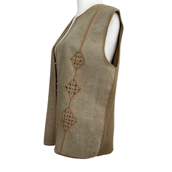 Bonnie Lee Vintage Suede Crochet Boho Western Open Front Knit Sweater Vest (L) - Picture 4 of 13